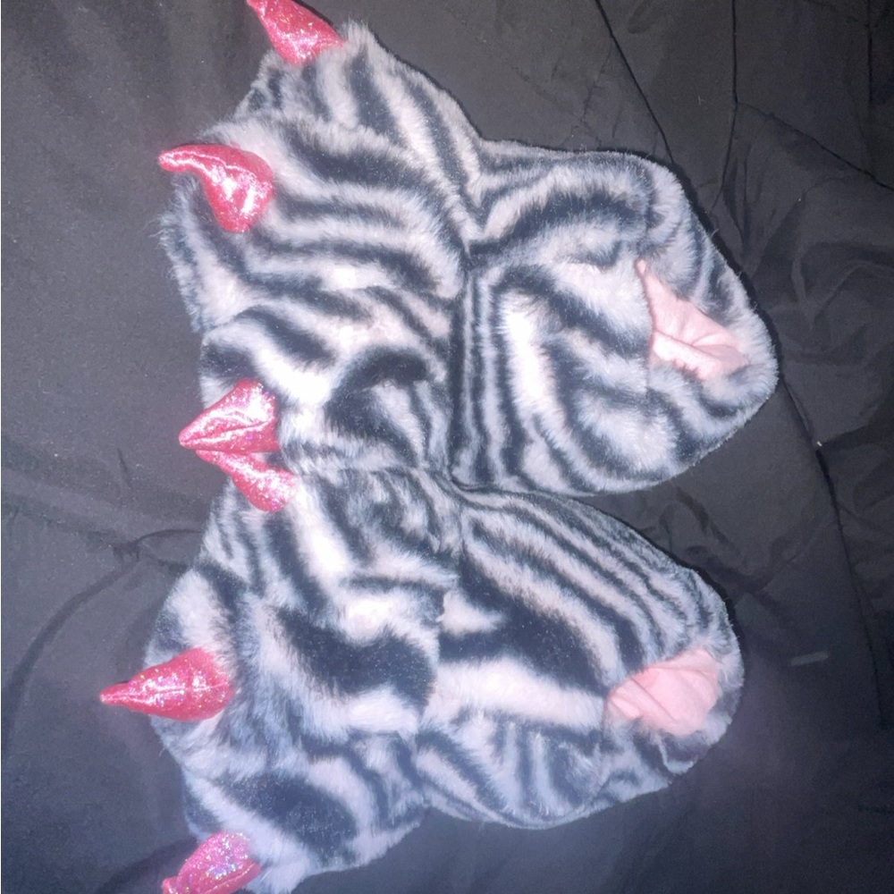 Zebra Print Fuzzy Slippers with Pink Horns